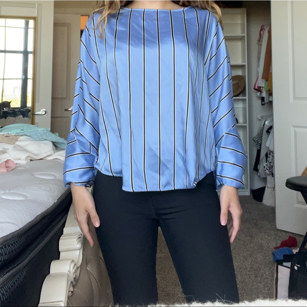 Mango blue striped satin flowy blouse